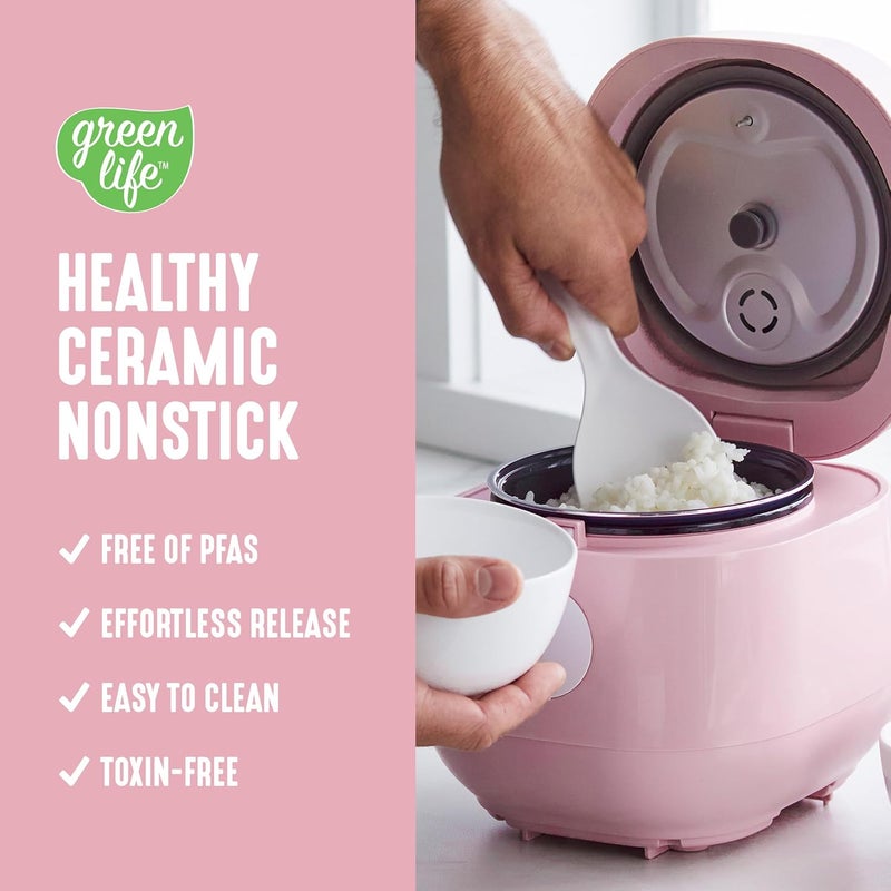 GreenLife Digital Rice Cooker, 2-Cups Uncooked/4-Cups Cooked, Removable Nonstick Ceramic PFAS-Free Pot, One-Touch Presets, Oats, Quinoa, Brown Rice, Auto Keep Warm, Fuzzy Logic Tech, 1.5QT, Pink - Image 3